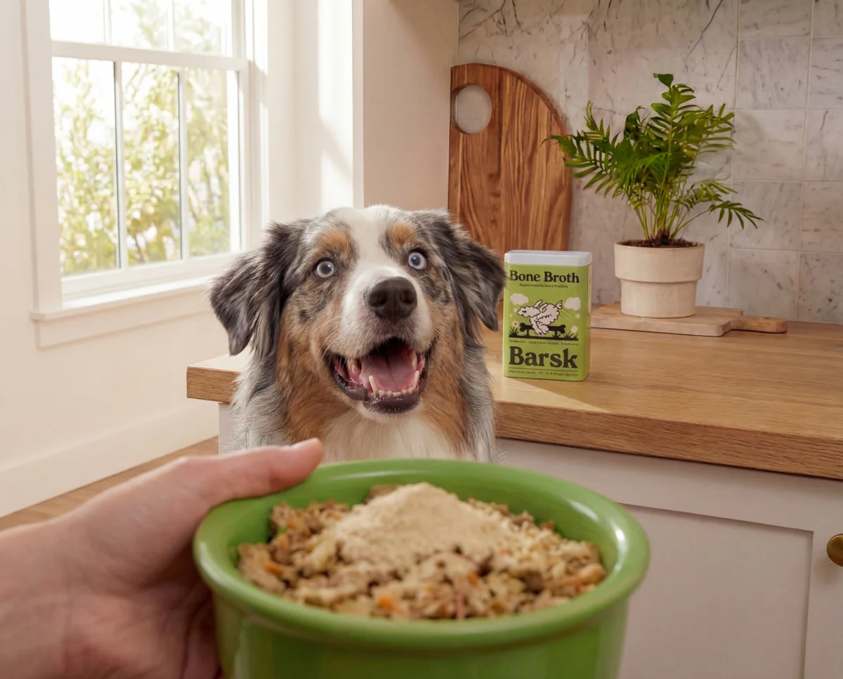 A hopeful dog eyeing a bowl next to a Barsk bone broth tin