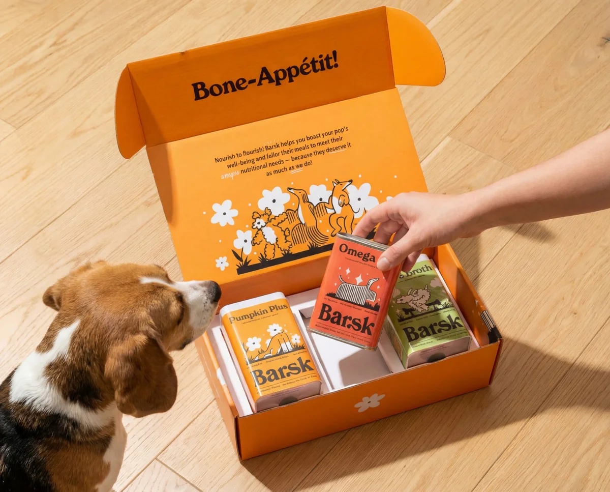 A beagle sniffing an open Barsk gift box of supplement tins