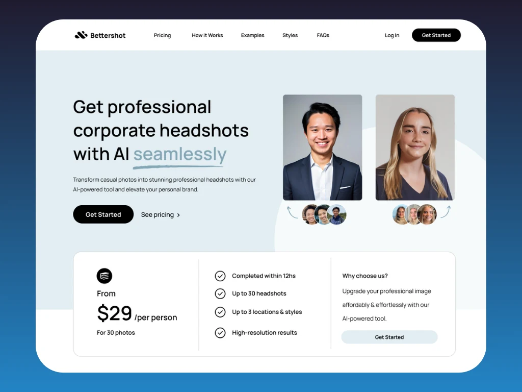 The Bettershot landing page for AI-generated professional headshots, from $29