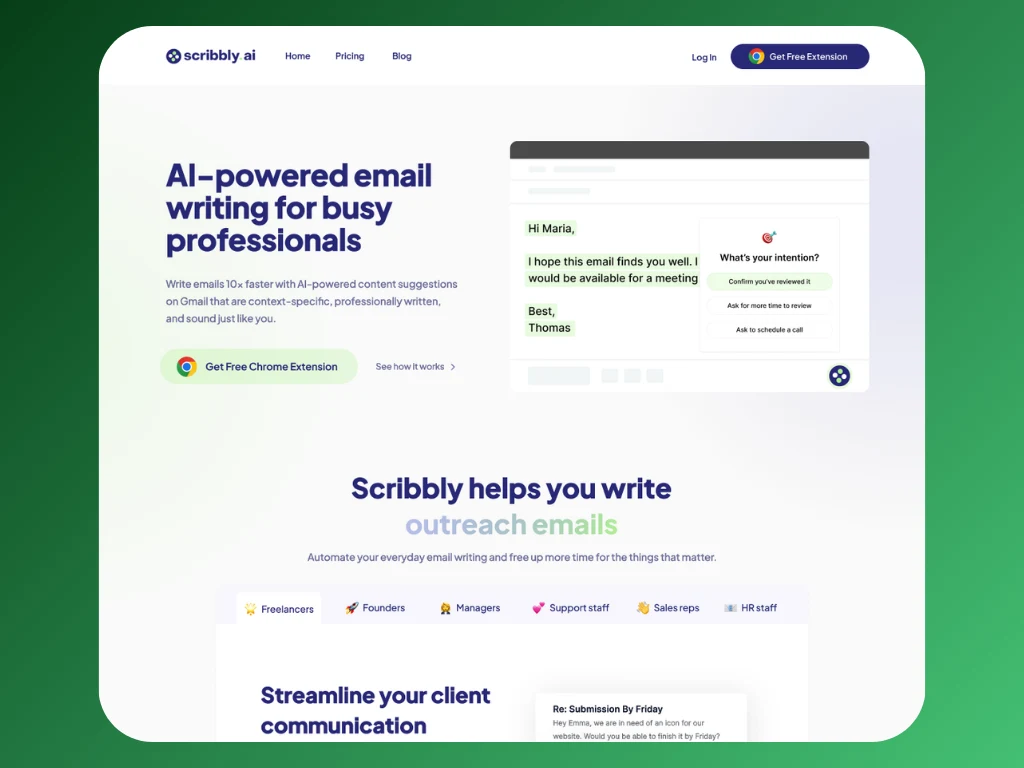 The Scribbly landing page for AI-powered email writing in Gmail